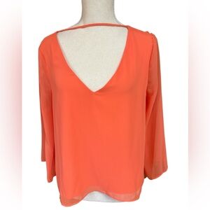 Bisou Bisou Orange Sheer Bell Sleeve Cropped V-Neck Back Neck Strap Top XS